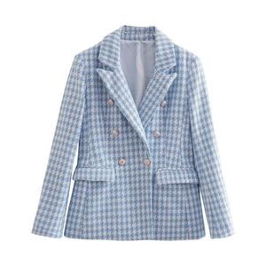 Women Fashion Houndstooth Double Breasted Tweed Blazer Coat Vintage Long Sleeve Flap Pocket Female Outerwear Chic Veste