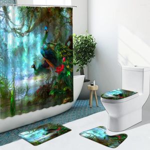 シャワーカーテン4pcs孔雀印刷されたカーテン動物の花の木グリーンリーフバスルームセットノンスリップラグバスマットトイレカバーカーペットパッド