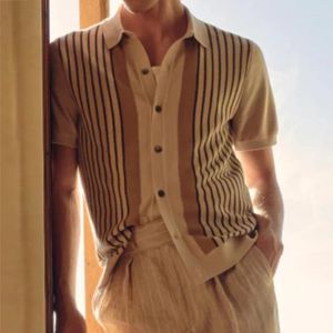 Camisas casuais masculinas vintage listrassem homens de malha curta de manga curta de lapela malha do cardigan tops mass 2024 camisa de tricô na moda do verão