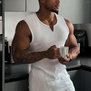 Herrtankstoppar kläder topp sommar gym sport ärmlösa t-shirts stickade vertikala randiga casual smala fit vest v-ring