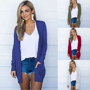 2021 Spring and Autumn Fashion Knitted Cardigan Pocket Long sleeved Women's Coat Multi color