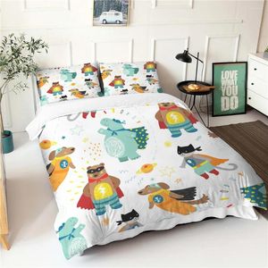 Bedding Sets Cartoon Consolador de desenho de desenho de desenho de cães padrão lençóis de casal com travesseiros linho