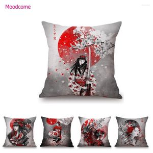 Pillow Japanese Art Ikigain Life Doctrine Geisha Judo Samurai Spirit Red Black Ink Painting Sofa Case Linen Cover