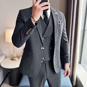 Mäns kostymer Blazers Fashion Men Double Breasted Plaid Suit Pock Pants 2 PCS Set / Man Slim Fit Business Wedding Blazers Jacket byxor #11