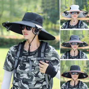 Berets Solar Fan Hat Men's Fisherman With Large Brim Windproof Strap Usb Charging Anti-uv Sun Protection For Outdoor