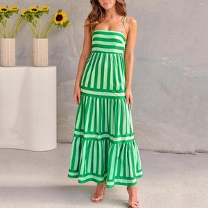 Casual Dresses Green Stirped Print Boho Long Dress Women Summer Fashion Thin Spaghetti Stems Sexiga rufsar Pleated Sundress