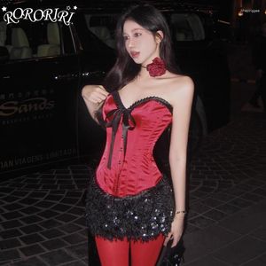 Skirts RORORIRI Gothic Women Satin Corset Top Sparkle Sequin Mini Skirt Lace Up Trim Boned Slim Fit Tube Event Party Two-piece Set