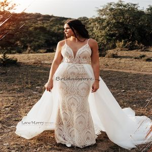Fulllace Mermaid Wedding Dresses With Detachable Train Outdoor Fantasy Plus Size Bohemian Bride Dress 2 In 1 Rustic Country Bridal Gowns Boho Gatsby Celtic Mariage