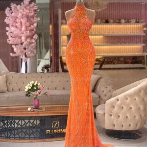 Parti elbiseleri lüks turuncu boncuk payetleri akşam yüksek boyun kolsuz denizkızı kadınları resmi bir buluşma gala balo elbiseleri zengin düğün rob