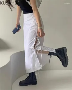 Skirts KUSAHIKI Korean Fashion Side Strap Split High Waist Slim Skirt Spicy Girl 2024 Causal Mid Length Y2k Mujer Faldas