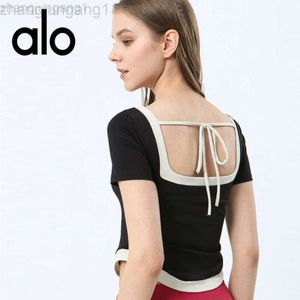 Desginer Als Yoga Aloe Top Shirt Clothe Short Woman Contrast Color Short Sleeve Womens T-shirt with Square Neck Strap and Chest Pad Fitness Top for Daily Casuwear