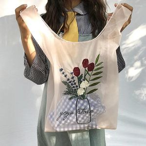 Bolsas de armazenamento Bolsa de compras de verão Transparente Tote Organza Yarn Pano Bolsa Bolsa de Bordado de alta qualidade