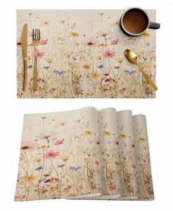 Table Mats 4/6 Pcs Watercolor Flowers Leaves Vintage Placemat Kitchen Home Decoration Dining Coffee Mat