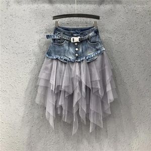Skirts 2024 Summer Denim Mesh Solid Women Temperament Slim Patchwork Ruffles High Waist A-line Skirt Female Korean Casual
