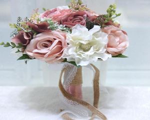 装飾的な花の花輪レトロコートスタイルピンクブルーウェディングブーケ人工シルクペーニー手作り花嫁結婚9595075