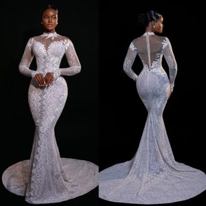 Plus size lace Mermaid Chart Wedding Dress jewel neck illusion long sleeves wedding dresses Bridal Gowns black women African Arabic sweep train robe mariage