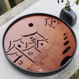 Tea Trays Chinese Style Round Ceramic Bamboo Tray For Teacup Teapot Simple Storage Water Board Home Office El Teahouse