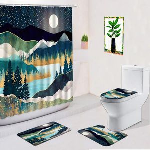 Cortinas de chuveiro Cenário da natureza criativa Cortina de 4pc Define Lua Night Mountain Water Landscape Banheiro Anti -Bath Bath tapete