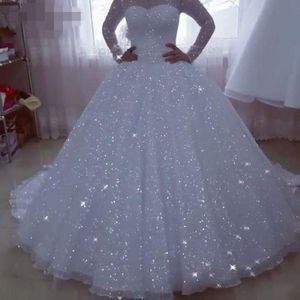2023 Bling Sparkly Sequined Lace Ball Gown Wedding Dresses Jewel Neck Illusion Long Sleeeves Sequins Plus Size A Line Bridal Gowns Swee 277q
