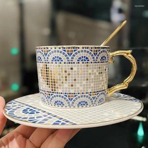 Mugs European Gold Plated Geometric Plaid Ceramic Coffee Cup Exquisite Gift Mug Couple Dessert Milk Office Water Home Decor