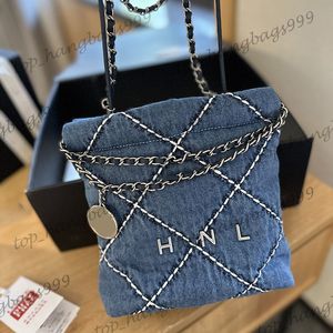 22 Luxury Designer Blue Denim Quilted Shopping Shoulder Bags With Silver Coin Charm Metal Hardware Matelasse Chain Round Strap Crossbody Purse Handbags 20CM