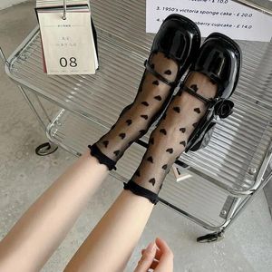 Women Socks 4 Pairs Of Feminine Ruffled Love Pattern Ultra-thin Stockings JK Uniform Loli Sweet Ins Style Black Lace