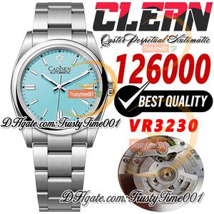 126000 VR3230 Automatic Unisex Watch Mens Womens Watches Clean CF 36mm Turquoise Blue Stick Dial SS 904L Steel Bracelet Super Edition Trustytime001 Wristwatches