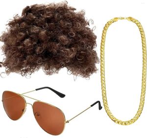 Вечеринка поставляет костюм Pesenar Hippie Set Funky Afro Wig Sunglasses Ожерелье для темы 50/60/70 (стиль а) Золотая среда