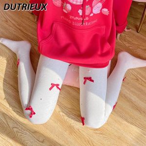 Women Socks Spring Autumn Winter Korean Style All-Match Students Slimming Tights Bow Pearl Fleece Lined Padded Warm Keeping Pantyhose