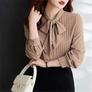 Women's Polos Pleated Women Shirt Long Sleeve Bow Tie Neck Pearl Buttons Office Lady Elegant Blouses Female Fashion Clothes