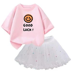 Kleidung Sets Girls Clothing Set Prinzessin kleines Mädchen 2024 Sommergeburtstagsfeier Kleid 2-teiliger Tutu-Rock+Lächeln Brief T-Shirt Setl2405