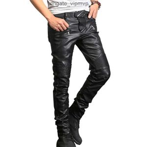 Mens Ripped Moto Pants Ribbed Skinny Black PU Leather Biker Slim Trousers Pencil Size 28-40 France Style