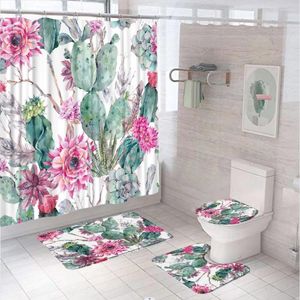 Shower Curtains Cactus Curtain Set Spring Garden Boho Bouquet Of Thorny Plant Blossoms Arrows Feathers Bathroom Decor Bath Mat Rug Carpet