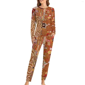 Frauen Nachtwäsche Gustav Klimt Pyjama weibliche Vintage -Kunstdruck Kawaii Nachtwege Herbst 2 Stück Nacht Übergroße Set