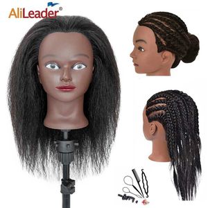 Głowy manekina profesjonalna głowa modelu ludzkiego z prawdziwymi włosami afrykańskim trening tkaninowy Q240510