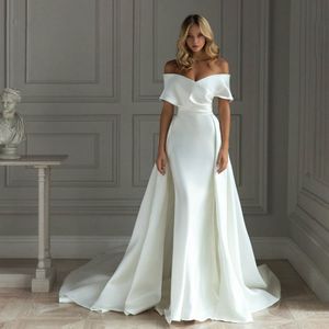 2021 Satin Mermaid Wedding Dress With Detachable Train Off Shoulder Floor Length Bride Dresses Vestido De Noiva 270o