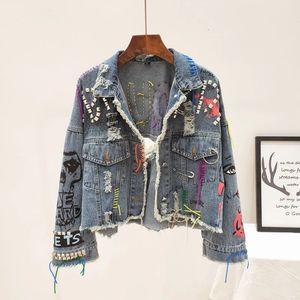 Spring Autumn Women Street Fashion Graffiti Denim Jacket Female Personality Short Raw Cut Rivet Fringe Jean Coat 240423