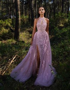 Party Dresses Lavender Overskirts Lace Evening Beaded Keyhole Neck Split Prom Gown With Detachable Train Long Formal Gowns