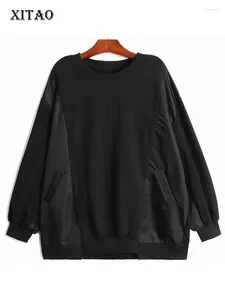 여성용 후드 XITAO 여성 스웨트 셔츠 고정 컬러 풀 슬리브 포켓 패치 워크 O- 넥 풀오버 패션 스타일 올 매치 스프링 LDS0110