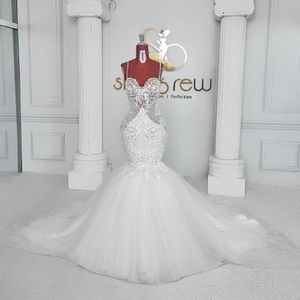 Luxury Crystal Mermaid Wedding Dress with Spaghetti Stems Sequin Summer Sweep Train Sexig Backless Bridal Dresses Custom Made Vestidos 256V