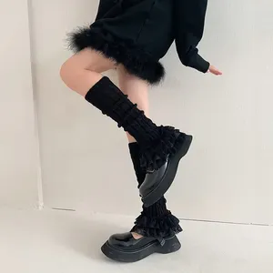 Frauen Socken mehrschichtige Spitzenbein wärmer süßer japanischer Herbst-Winter-Twist-Streifen Lange JK Bunching-Stiefel Manschetten gestrickt