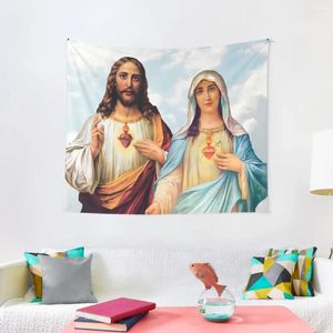Tapestries Sacred And Immaculate Hearts - III (Jesus Mary) Sky Background Tapestry Aesthetic Room Decor Wall Custom