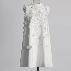 High Quality New Women White Dresses Stand Collar Sleeveless Rhinestone Hand-make Flowers Female Fashion Slim Mini Short Evening Party Milan Runway Dress DR04