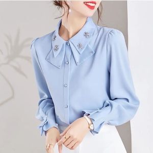 Spring Autumn Long Sleeve Pleated Office Blouse Polo Neck Solid Patchwork Loose Shirt Tops Elegant Fashion Women Clothing 240429