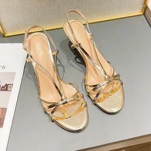 Sandaler Summer Gold Strappy High Heels Women's One-rem tunn klack Temperament Socialite Ladies Open-Toe