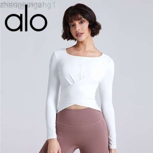 Desginer Als Yoga Aloe Top Shirt Clothe Short Woman Hoodie Cross Button Slim Fit Dress Long Sleeved Pilates Sports Top Womens Waist Tight Fitness T-shirt