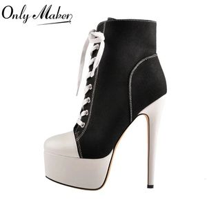 Onlymaker Brand Platform Canvas Ankle Boots 16CM High Heel Lace Up Zipper Stiletto Black Red Plus Size Booties 240425