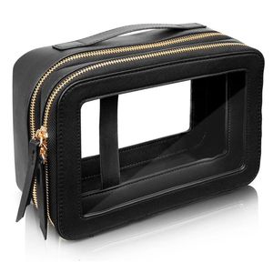 Borsa cosmetica a doppia faccia trasparente Gold Zipper Pu Saffiano in pelle Transparent Makeup Travel Travel Gym Stuffa 240507