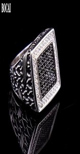 Real S925 Pure Silver Jewelry Black and White Diamond Men039S Ring Vintage Dripping Oil Zircon för man Cluster Rings9862474