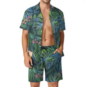 Men's Tracksuits Tropical Leaf Men Sets Pink Floral Print Casual Shorts Summer Hawaii Beach Shirt Set Short Sleeve Graphic Plus Size Suit
